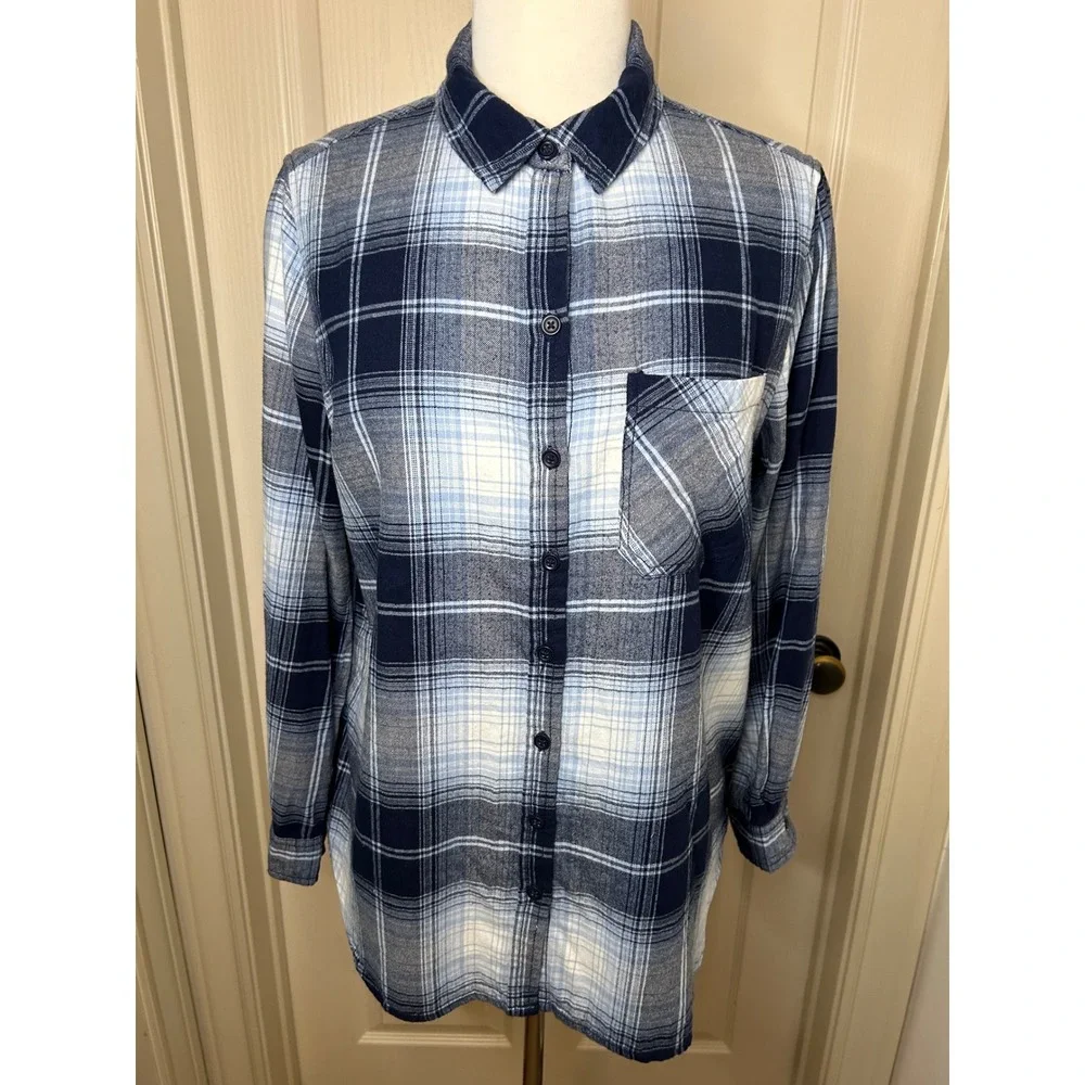 Beachlunchlounge Plaid Flannel Shirt Blue Balloon Button Down Cotton M - Picture 2 of 10